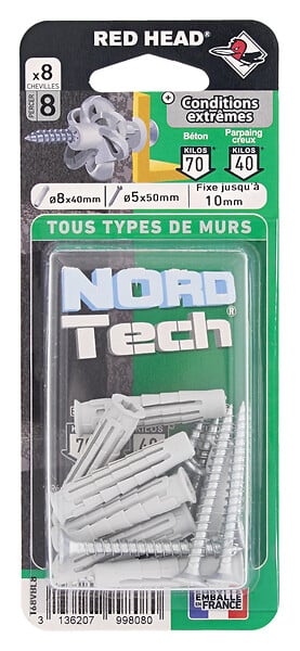 RED HEAD - Blister de 8 chevilles Nordtech 8x40mm + vis TF 5x50mm - large