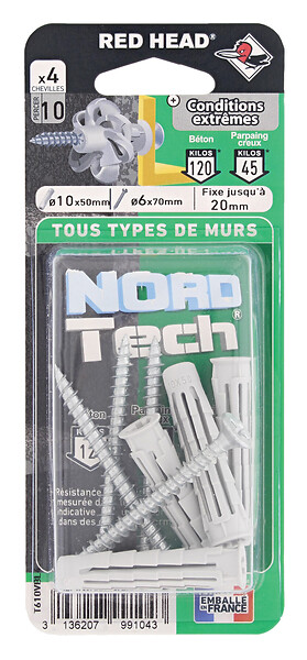 RED HEAD - Blister de 4 chevilles Nordtech 10x50mm + vis TF 6x70mm - large