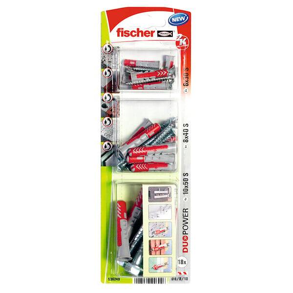 FISCHER - Blister 18 chevilles tous matériaux DUOPOWER diam 6. 8 et 10mm +vis - large