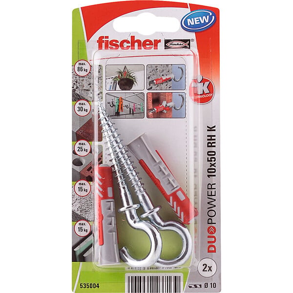 FISCHER - Blister 2 chevilles tous matériaux DUOPOWER 10x40mm + crochets - large