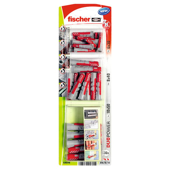 FISCHER - 10 chevilles tous matériaux DUOPOWER diam 6. 8 et 10mm - large