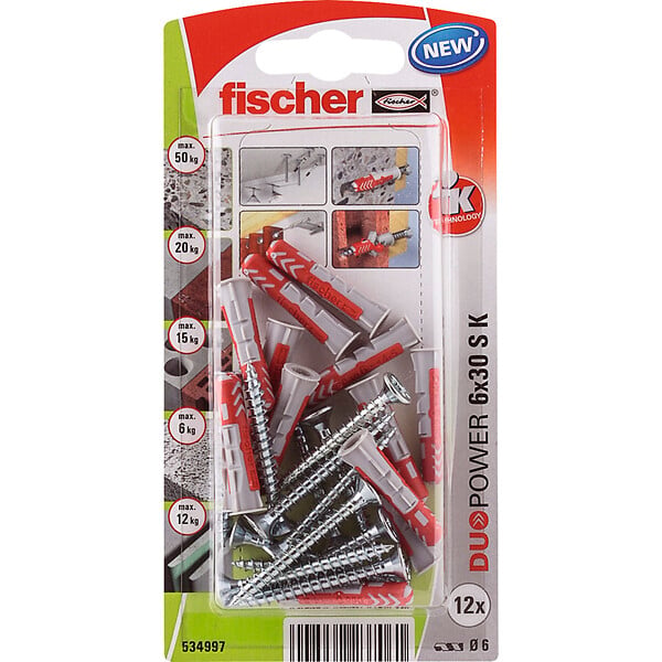 FISCHER - Blister de 12 chevilles tous matériaux DUOPOWER 6x30mm + vis - large