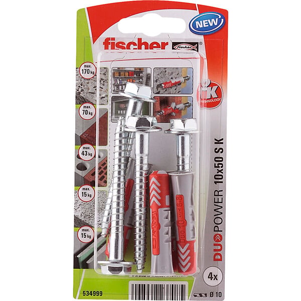 FISCHER - Blister 4 chevilles tous matériaux DUOPOWER 10x50mm +tirefonds - large