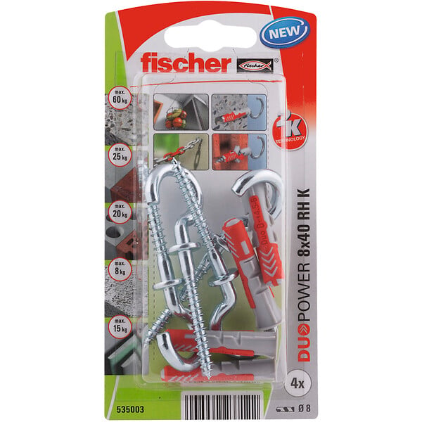 FISCHER - 4 chevilles tous matériaux DUOPOWER 8x40mm + crochets ronds - large