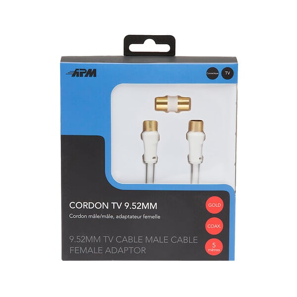 APM - Câble coaxial TV blanc 5m + adaptateur femelle - 9.52mm - large