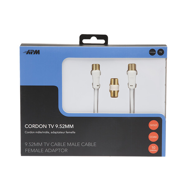 APM - Cordon tv mâle mâle 9.52mm blanc 10m plus adaptateur femelle - large