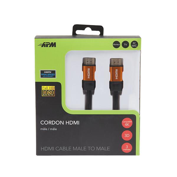 APM - Cordon hdmi 4k ethernet mâle mâle noir plug or 3m - large