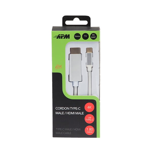 APM - Câble adaptateur USB-C HDMI 4K - 1,8 m - Gris métallique - large
