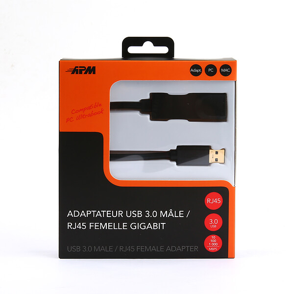 APM - Adaptateur usb 3.0 usb-a rj45 gigabit mâle femelle noir - large
