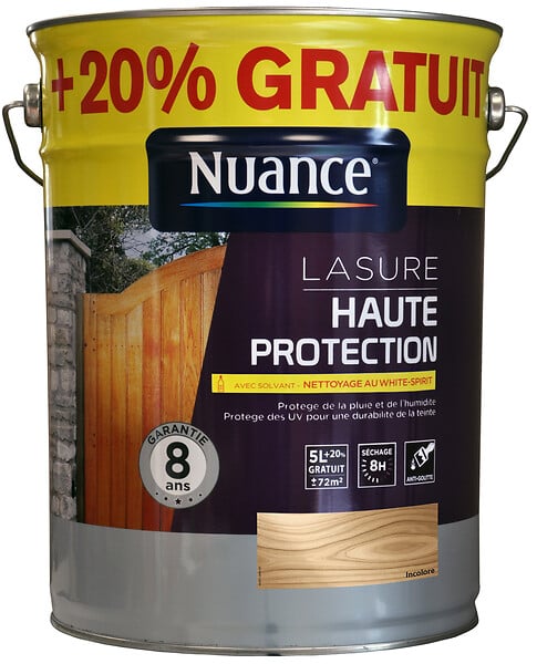 NUANCE - Lasure au solvant Haute protection - Incolore - 5L+20% - large