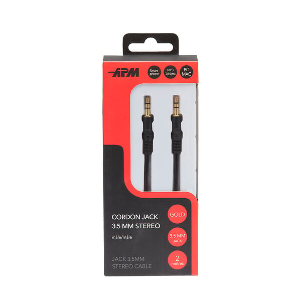 APM - Cordon jack 3,5 mm stéréo mâle mâle - Noir - 2 m - large
