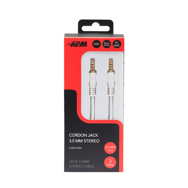 APM - Câble jack 3.5 mm stéréo - Mâle mâle - Blanc - 3 m - large