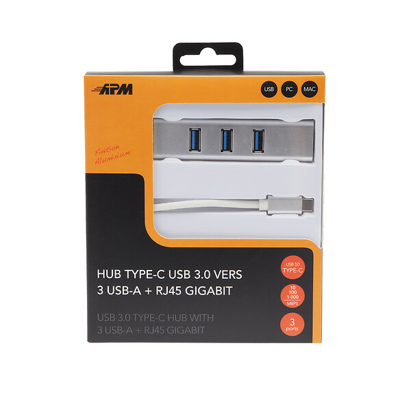 APM - Hub USB 3.0 Type-C - Aluminium - 3 USB-A + RJ45 Gigabit - large