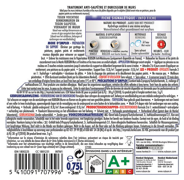 RUBSON - Traitement murs humides Anti-salpêtre 3en1 - 0.75L - large