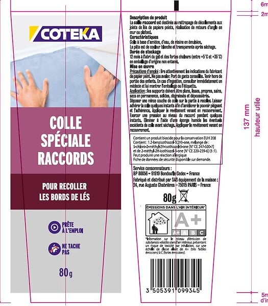 COTEKA - Colle raccord de papiers peints 80 grammes - large