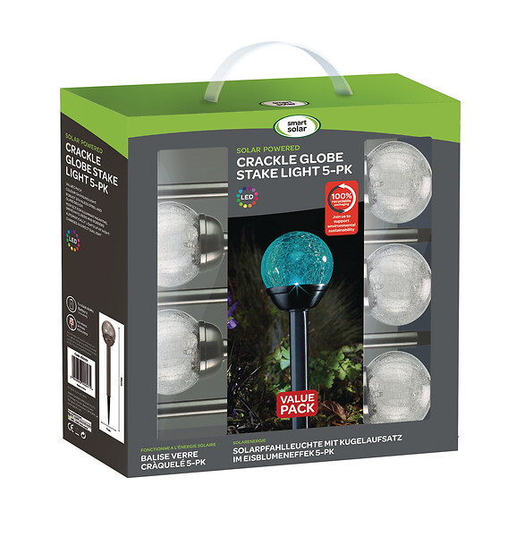 SMARTSOLAR - Lot de 5 lampes solaires sur piquet - Globe craquelé Carry - large