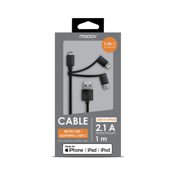 MOOOV - Câble USB-A 3-en-1 Lightning MFI-USB-C-micro-USB 1m - noir - large