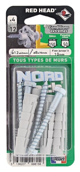 RED HEAD - Chevilles Nordtech - Lot de 4 - 12x60mm + tirefonds TH - 8x70mm - large
