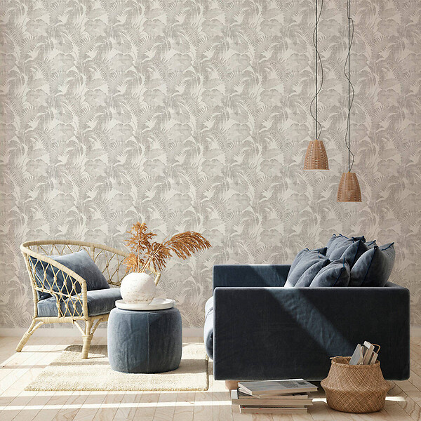 AS CREATION - Papier peint intissé Palmes - Gris/blanc - L.10,05xl.0,53m - large