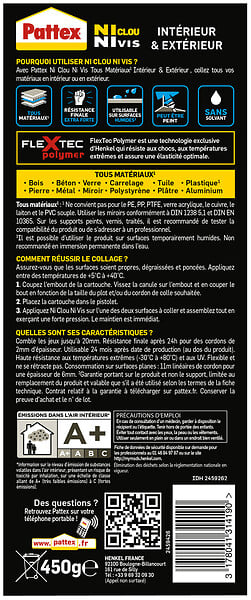 PATTEX - Colle Fixation NCNV Tous Matériaux Intérieur et Extérieur Cart 450g - large