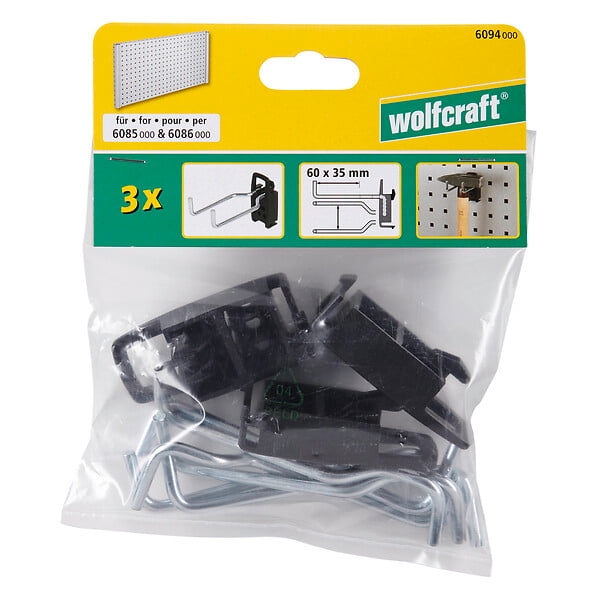 WOLFCRAFT - 3 Crochets doubles WOLFCRAFT L60mm pour panneaux et armoire perforée - large