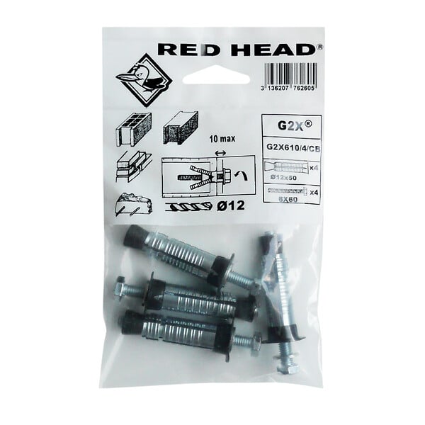 RED HEAD - Sachet de 4 chevilles G2X 12x50mm + vis TH 6x60mm - large
