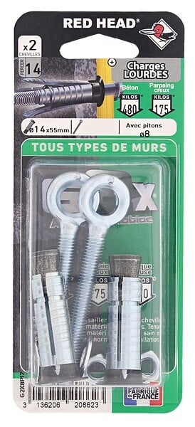RED HEAD - Blister de 2 chevilles G2X 14x55mm + pitons - large