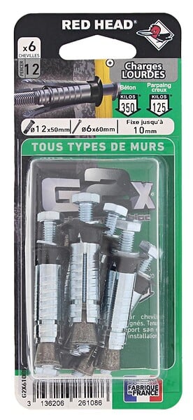 RED HEAD - Blister de 6 chevilles G2X 12x50mm + vis TH 6x60mm - large