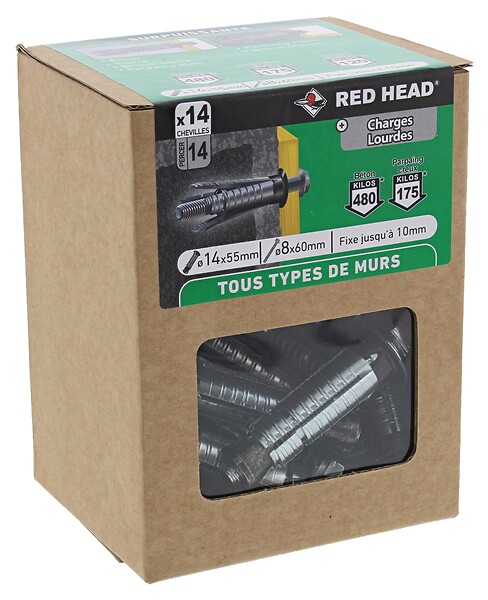 RED HEAD - Boîte de 14 chevilles G2X diamètre 14X55mm + vis TH diamètre 8x60mm - large
