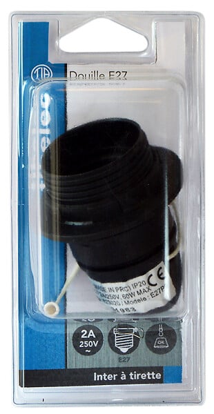 TIBELEC - Douille E27 à tirette - Plastique PET - Noir - 60W max - large