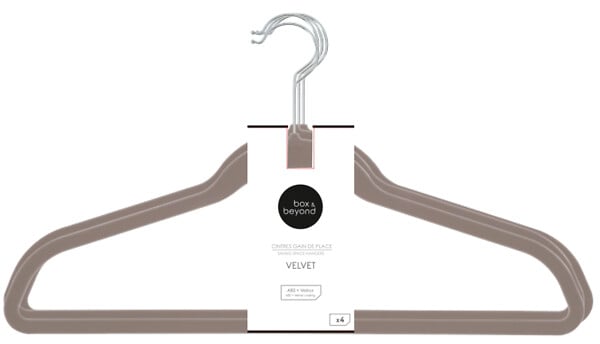 BOX & BEYOND - Lot de 4 cintres velours taupe Slim - large