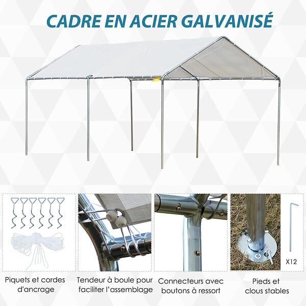 OUTSUNNY - Carport auvent pour voiture 5,95L x 2,90l x 2,60H m acier galvanisé robuste PE haute densité blanc - large