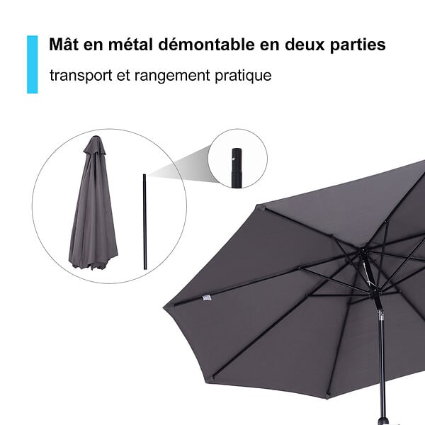 OUTSUNNY - Parasol en métal rond polyester 180g/m² manivelle inclinable Ø 2,95 x 2,5 m gris - large