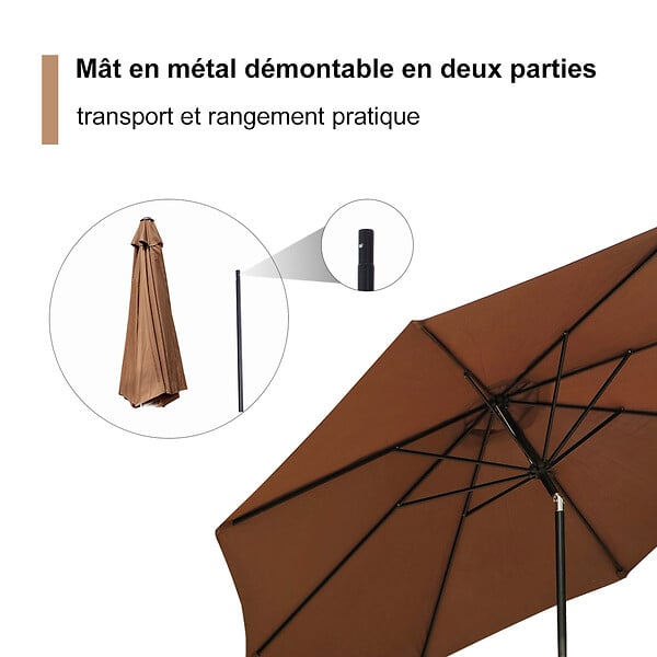 OUTSUNNY - Parasol en métal rond polyester 180g/m² manivelle inclinable Ø 2,95 x 2,5 m chocolat - large