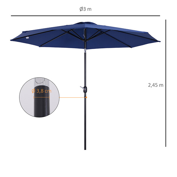 OUTSUNNY - Parasol en métal rond polyester 180g/m² manivelle inclinable Ø 2,95 x 2,5 m bleu - large