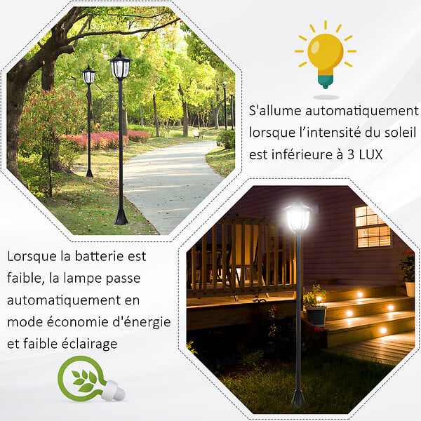 OUTSUNNY - Outsunny Luminaire extérieur solaire lampadaire lanterne classique LED 60 Lm max. dim. 26L x 26l x 177H cm noir - large