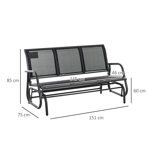 OUTSUNNY - Banc à bascule de jardin 3 places design contemporain grand confort accoudoirs assise et dossier ergonomique acier textilène noir - large