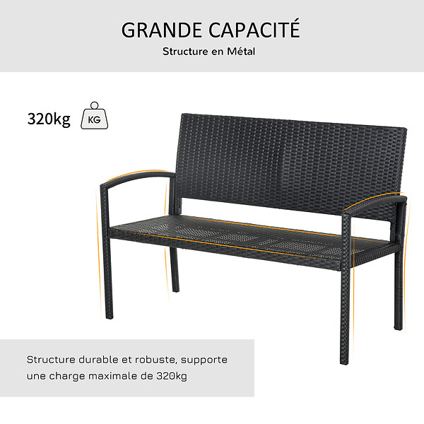 OUTSUNNY - Banc de jardin 2 places style cosy chic résine tressée 4 fils imitation rotin noir - large