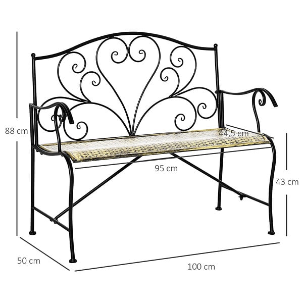 OUTSUNNY - Banc de jardin 2 places style néo-rétro fer forgé lignes fuselées métal noir doré effet vieilli - large