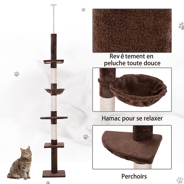 PAWHUT - Arbre à chat poteau à griffer L40 x l 34 x H 230-260 cm 5 niveaux d'activités marron - large