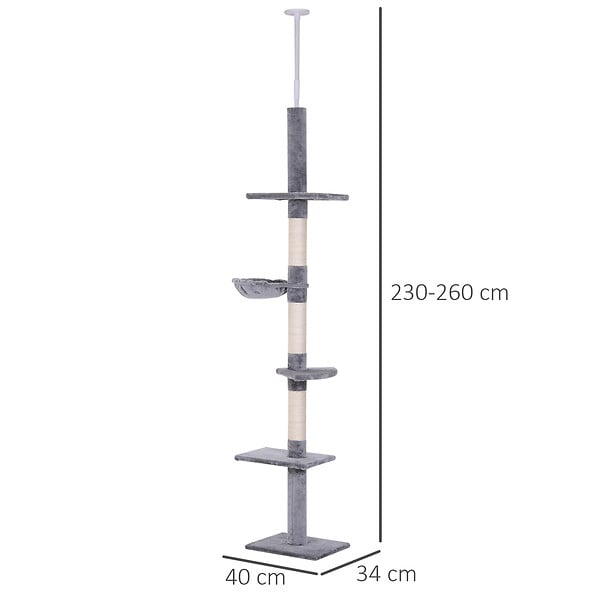 PAWHUT - Arbre à chat poteau à griffer L40 x l 34 x H 230-260 cm 5 niveaux d'activités gris - large