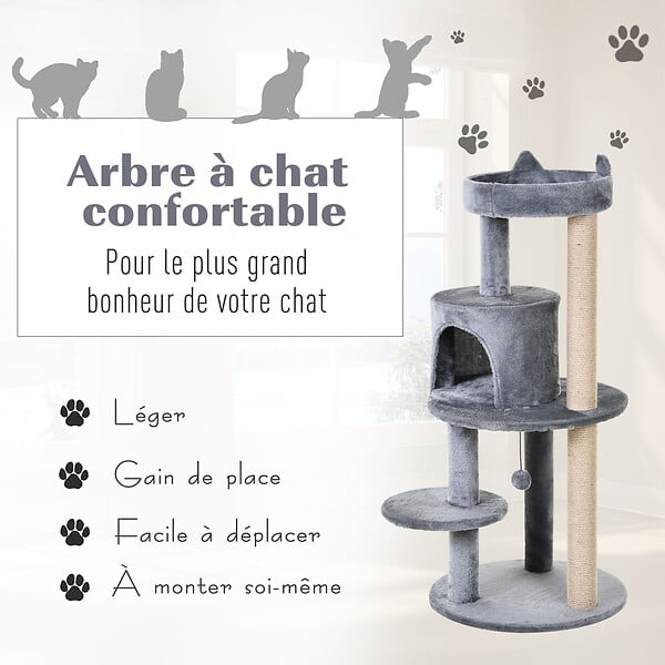 PAWHUT - Arbre à chats multi-équipements griffoirs grattoirs plateformes niche jeu boule suspendue Ø 48 x 104H cm gris - large