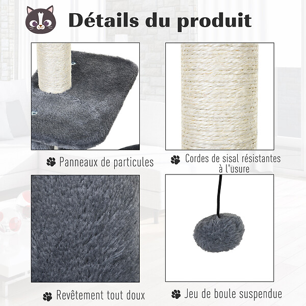 PAWHUT - Arbre à chats avec griffoirs grattoirs sisal naturel centre d'activités niche plateformes 2 jouets suspendus gris - large