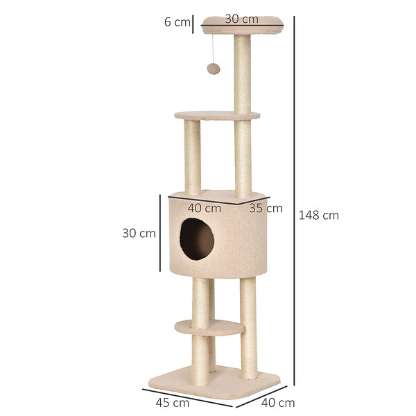 PAWHUT - PawHut Arbre à Chats avec Griffoir Niche Poteaux Peluche Haute Densité 45L x 40L x 148H cm Beige - large