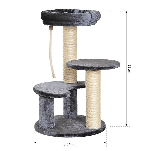 PAWHUT - Arbre à chats 2 griffoirs grattoirs sisal naturel 3 plateformes corde à grimper dim. Ø 40 x 65H cm peluche haute densité 500 g/m² gris - large