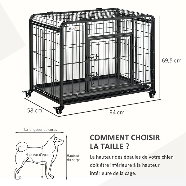 PAWHUT - Cage pour chien pliable cage de transport sur roulettes 2 portes verrouillables plateau amovible dim. 94L x 58l x 69H cm métal gris noir - large