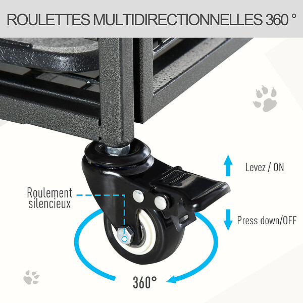 PAWHUT - Cage pour chien pliable cage de transport sur roulettes 2 portes verrouillables plateau amovible dim. 94L x 58l x 69H cm métal gris noir - large