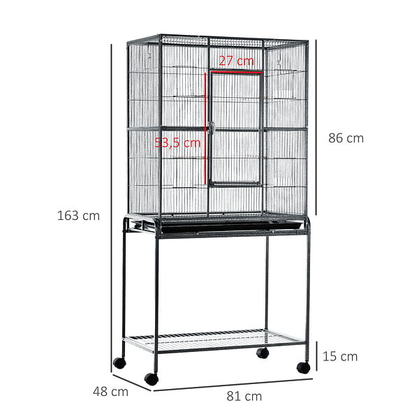 PAWHUT - PawHut Cage à Oiseaux Portable avec 4 Mangeoires et 4 Perchoirs Pratique 81 x 48 x 163 cm Noir et Gris - large