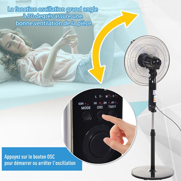 HOMCOM - Ventilateur sur pied Ø 44 cm hauteur réglable oscillant silencieux 45 W avec télécommande minuterie 3 modes 3 vitesses noir - large