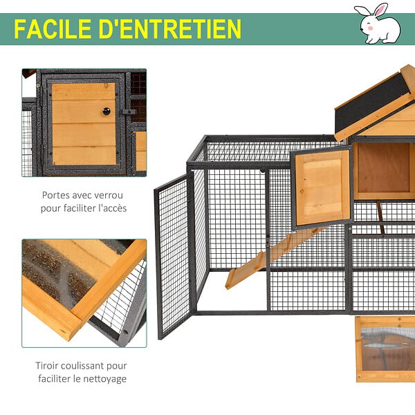 PAWHUT - Clapier cage à lapins cottage - niche supérieure avec rampe et enclos extérieur - plateau excrément, fenêtre, 2 portes verrouillables - métal époxy pin pré-huilé - large